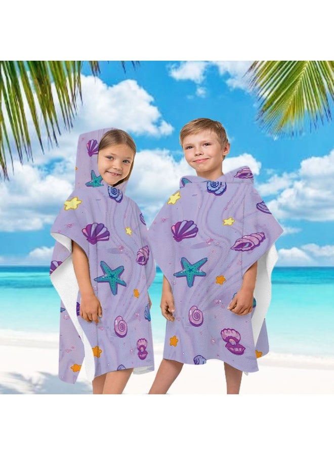 Light Taro Purple Fluid Water Ripple Base Full Printed Macaron Cartoon Starfish Shell Pearl Conch Unisex Kids Hooded Quick Dry Poncho Towel, Polyester Soft Water Absorbent Loose Windproof Bath Wrap for All Kids, Ideal for Beach, Swimming Pool, Hot Spring & Daily Shower - Image 1