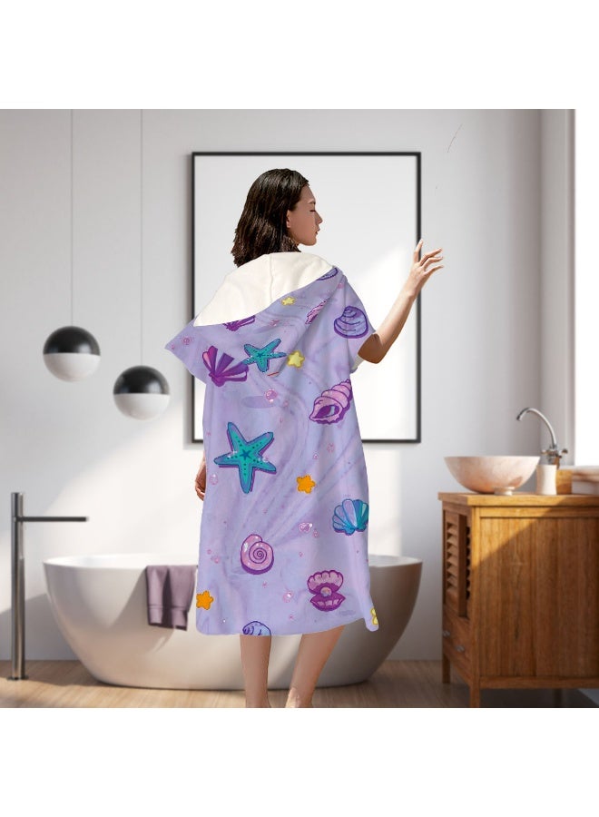 Light Taro Purple Fluid Water Ripple Base Full Printed Macaron Cartoon Starfish Shell Pearl Conch Unisex Kids Hooded Quick Dry Poncho Towel, Polyester Soft Water Absorbent Loose Windproof Bath Wrap for All Kids, Ideal for Beach, Swimming Pool, Hot Spring & Daily Shower - Image 4