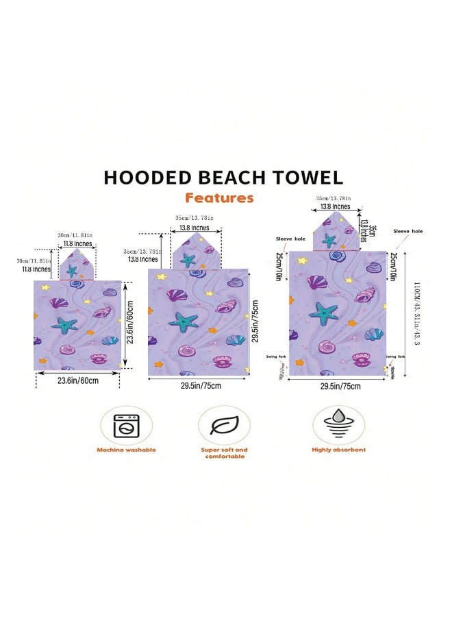 Light Taro Purple Fluid Water Ripple Base Full Printed Macaron Cartoon Starfish Shell Pearl Conch Unisex Kids Hooded Quick Dry Poncho Towel, Polyester Soft Water Absorbent Loose Windproof Bath Wrap for All Kids, Ideal for Beach, Swimming Pool, Hot Spring & Daily Shower - Image 5