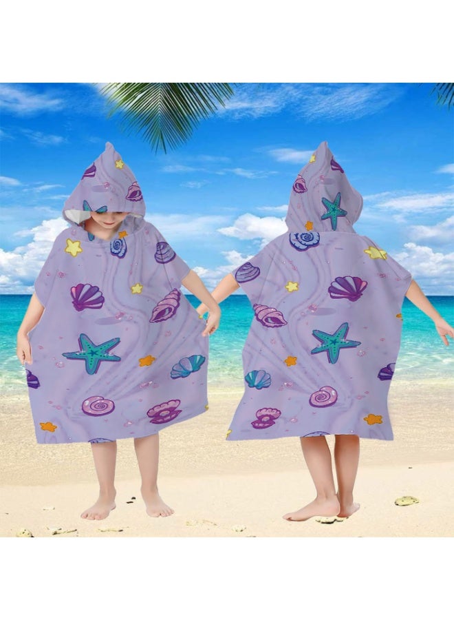 Light Taro Purple Fluid Water Ripple Base Full Printed Macaron Cartoon Starfish Shell Pearl Conch Unisex Kids Hooded Quick Dry Poncho Towel, Polyester Soft Water Absorbent Loose Windproof Bath Wrap for All Kids, Ideal for Beach, Swimming Pool, Hot Spring & Daily Shower - Image 3