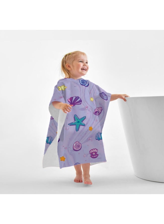 Light Taro Purple Fluid Water Ripple Base Full Printed Macaron Cartoon Starfish Shell Pearl Conch Unisex Kids Hooded Quick Dry Poncho Towel, Polyester Soft Water Absorbent Loose Windproof Bath Wrap for All Kids, Ideal for Beach, Swimming Pool, Hot Spring & Daily Shower - Image 2