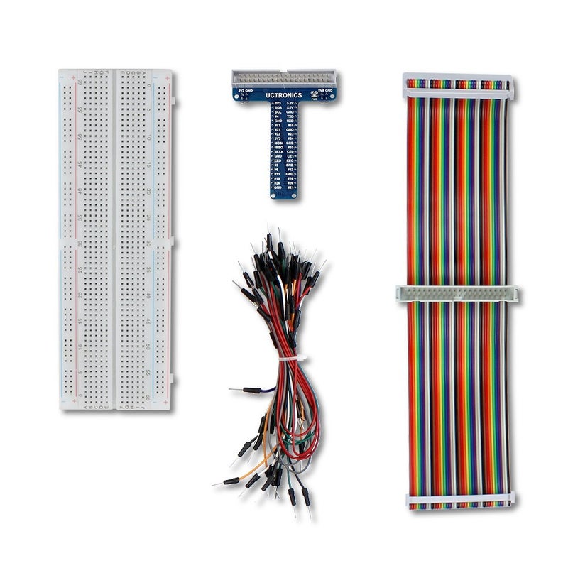 UCTRONICS GPIO Breakout Kit for Raspberry Pi Pico- Assembled Pi T- Type Breakout + 830 Tie Points Solderless Breadboard + 40 Pin Male - Female - Male Rainbow Ribbon Cable + 65pcs Jump Wires - Image 1