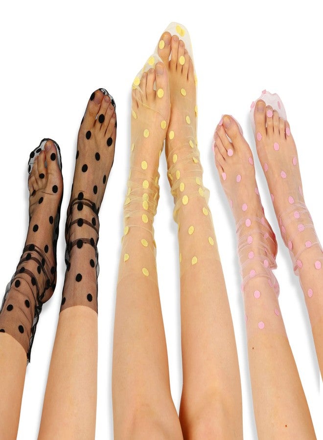 Violet Mist Womens Black Lace Socks Novelty Mesh Sheer Socks Fashion Decorated Lace Loose Tulle Ankle Sock Cute Thin Transparent See Through Crew Sock, 3Pack-Polka Dot - Image 2