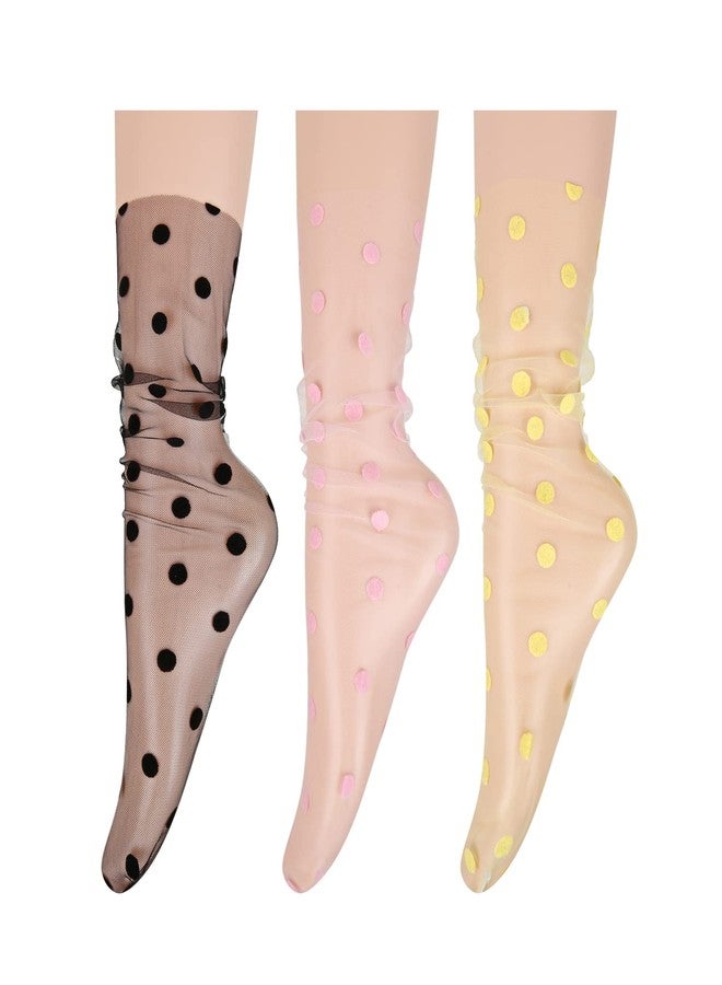 Violet Mist Womens Black Lace Socks Novelty Mesh Sheer Socks Fashion Decorated Lace Loose Tulle Ankle Sock Cute Thin Transparent See Through Crew Sock, 3Pack-Polka Dot - Image 1