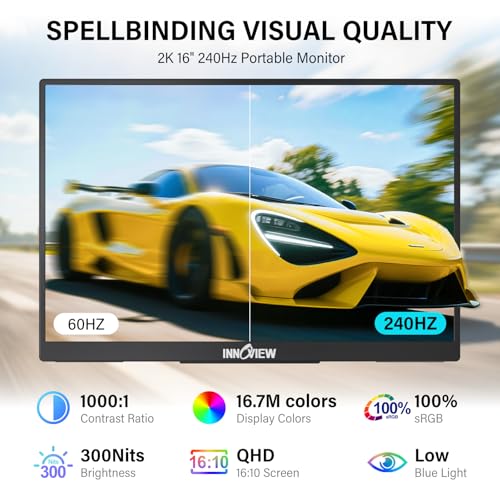 InnoView 16" 240Hz Portable Monitor 2K 2560x1600 100% sRGB Portable Gaming Monitor Supports 144Hz Refresh Rate Monitors Type-C HDMI Built-in Speakers Laptop Screen Extender for Surface PS5 Switch Xbox - Image 2