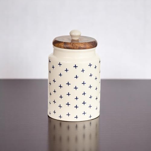 ClayStone Airtight Ceramic Jars (Pack of 2) - 900ml Each - Wooden Lid - Kitchen Containers for Sugar, Tea, Salt, Pickles, Pulses & More (Blue Pus) - Image 3