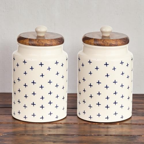 ClayStone Airtight Ceramic Jars (Pack of 2) - 900ml Each - Wooden Lid - Kitchen Containers for Sugar, Tea, Salt, Pickles, Pulses & More (Blue Pus) - Image 1