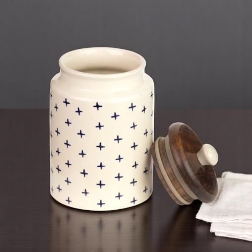 ClayStone Airtight Ceramic Jars (Pack of 2) - 900ml Each - Wooden Lid - Kitchen Containers for Sugar, Tea, Salt, Pickles, Pulses & More (Blue Pus) - Image 5