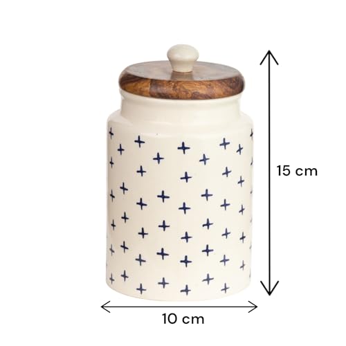 ClayStone Airtight Ceramic Jars (Pack of 2) - 900ml Each - Wooden Lid - Kitchen Containers for Sugar, Tea, Salt, Pickles, Pulses & More (Blue Pus) - Image 4