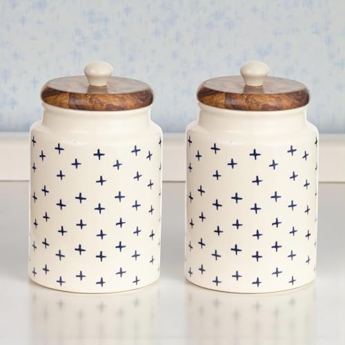 ClayStone Airtight Ceramic Jars (Pack of 2) - 900ml Each - Wooden Lid - Kitchen Containers for Sugar, Tea, Salt, Pickles, Pulses & More (Blue Pus) - Image 2