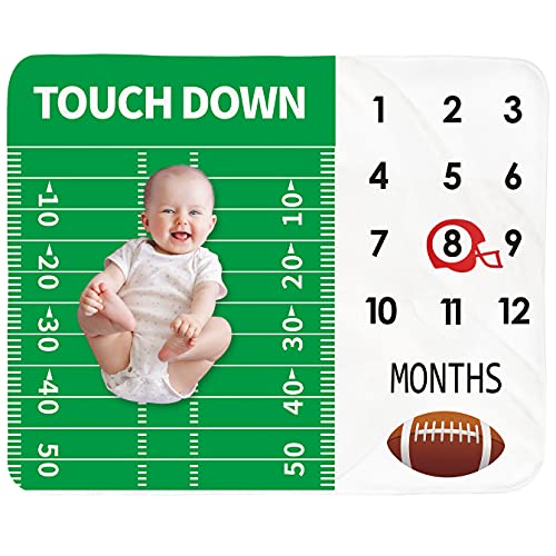 Tebaby Baby Monthly Milestone Blanket Boy  Newborn Month Blanket Unisex Neutral Personalized Shower Gift Football Sports Nursery Decor Photography Background Prop with Frame Large 51x40