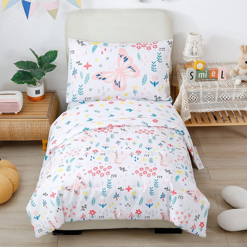 PERFEMET Girls Floral Comforter Set 4 Pieces Flower Bedding Set for Twin Bed Botanical Trees Leaves Butterfly Pattern Comforter for Teens Kids Bed in a Bag for All SeasonsWhite Twin