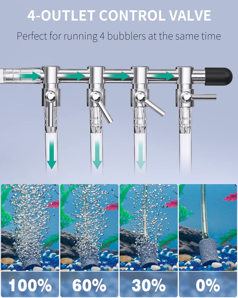 Pawfly 254 GPH Aquarium Air Pump Adjustable Quiet Oxygen Aerator Pump with Multi-Port Air Flow Control Lever Valve Splitter and Airline Tubing for Fish Tanks Ponds and DWC Systems Up to 300 Gallons - Image 4