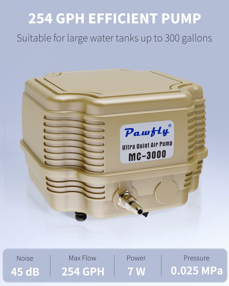 Pawfly 254 GPH Aquarium Air Pump Adjustable Quiet Oxygen Aerator Pump with Multi-Port Air Flow Control Lever Valve Splitter and Airline Tubing for Fish Tanks Ponds and DWC Systems Up to 300 Gallons - Image 2
