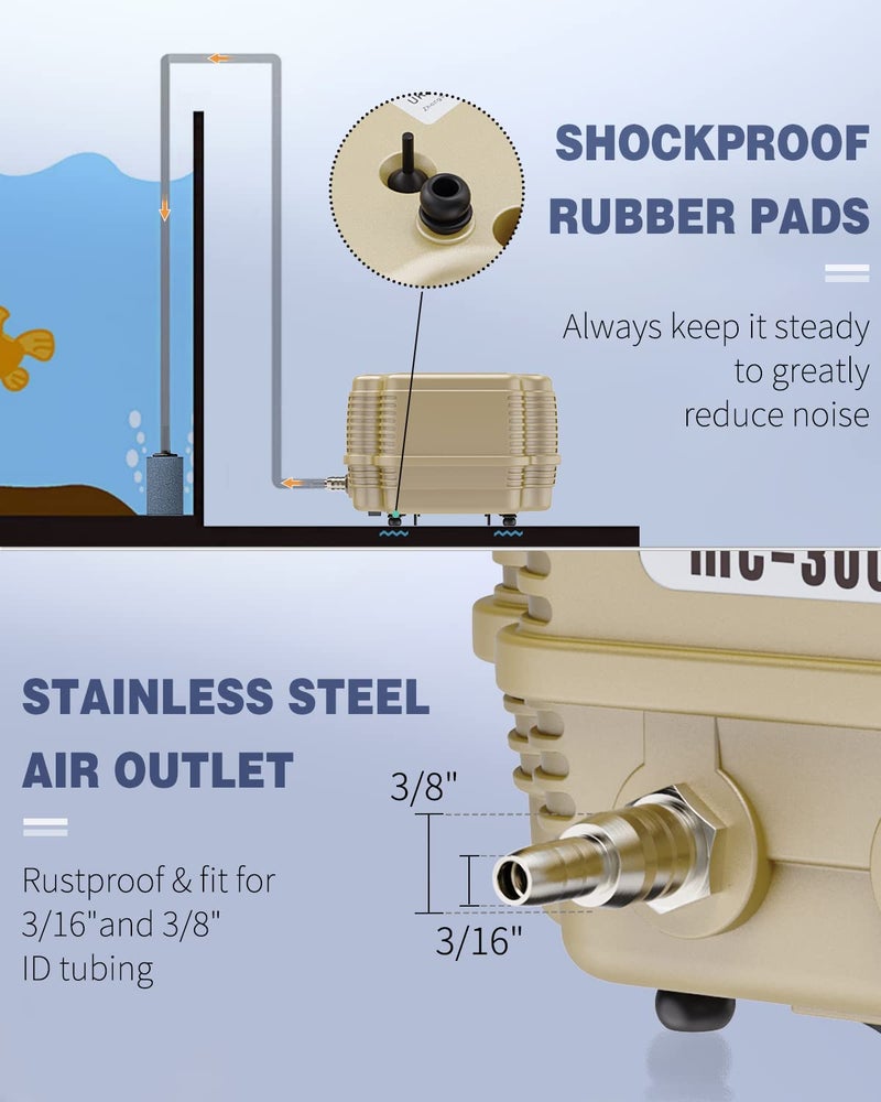 Pawfly 254 GPH Aquarium Air Pump Adjustable Quiet Oxygen Aerator Pump with Multi-Port Air Flow Control Lever Valve Splitter and Airline Tubing for Fish Tanks Ponds and DWC Systems Up to 300 Gallons - Image 5