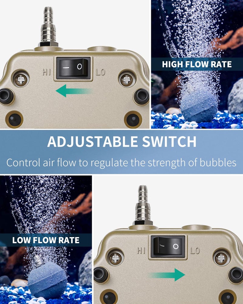 Pawfly 254 GPH Aquarium Air Pump Adjustable Quiet Oxygen Aerator Pump with Multi-Port Air Flow Control Lever Valve Splitter and Airline Tubing for Fish Tanks Ponds and DWC Systems Up to 300 Gallons - Image 3