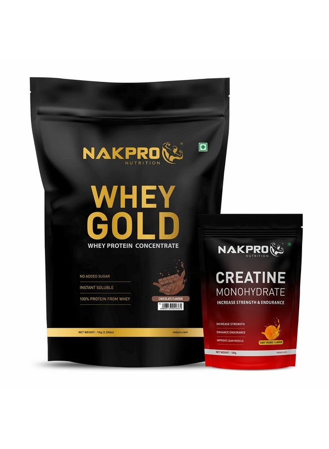 Nakpro Gold 100% Whey Protein Concentrate, 1 Kg Chocolate with 100g Creatine - Tangy Orange | Easy Mixing, Low Carbs, Easy Digesting Whey Protein Supplement Powder (Combo Pack) - Image 1