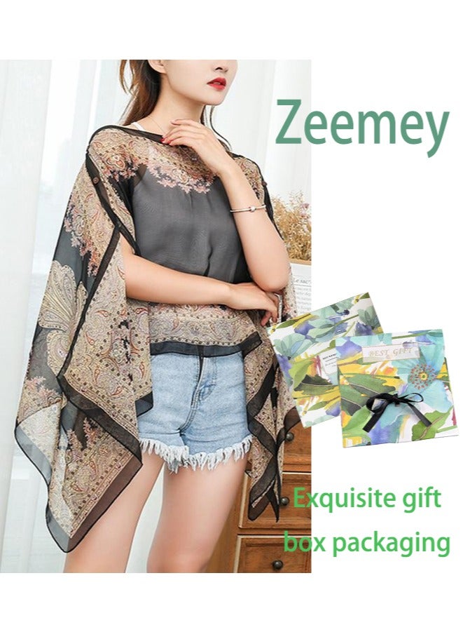 زيمي شال نسائي بنمط بيزلي عتيق، تطابق اللون الأسود والبني متقدم، مادة شيفون خفيفة، قطع غير منتظمة فريدة من نوعها، يمكن استخدامه كملابس حماية من الشمس أو ديكور، 155*100 سم، عصري ومتعدد الاستخدامات - Image 1