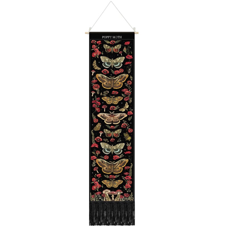Tegeme Vintage Tapestry 52 x 13 Inch, Long Vertical Wall Hanging Reference Illustrative Botanical Insect Tassel Tapestry for Bedroom Living Room Home Decoration (Poppy Moth) - Image 1