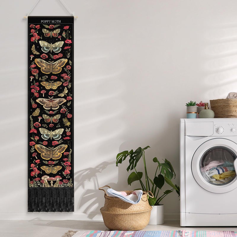Tegeme Vintage Tapestry 52 x 13 Inch, Long Vertical Wall Hanging Reference Illustrative Botanical Insect Tassel Tapestry for Bedroom Living Room Home Decoration (Poppy Moth) - Image 5