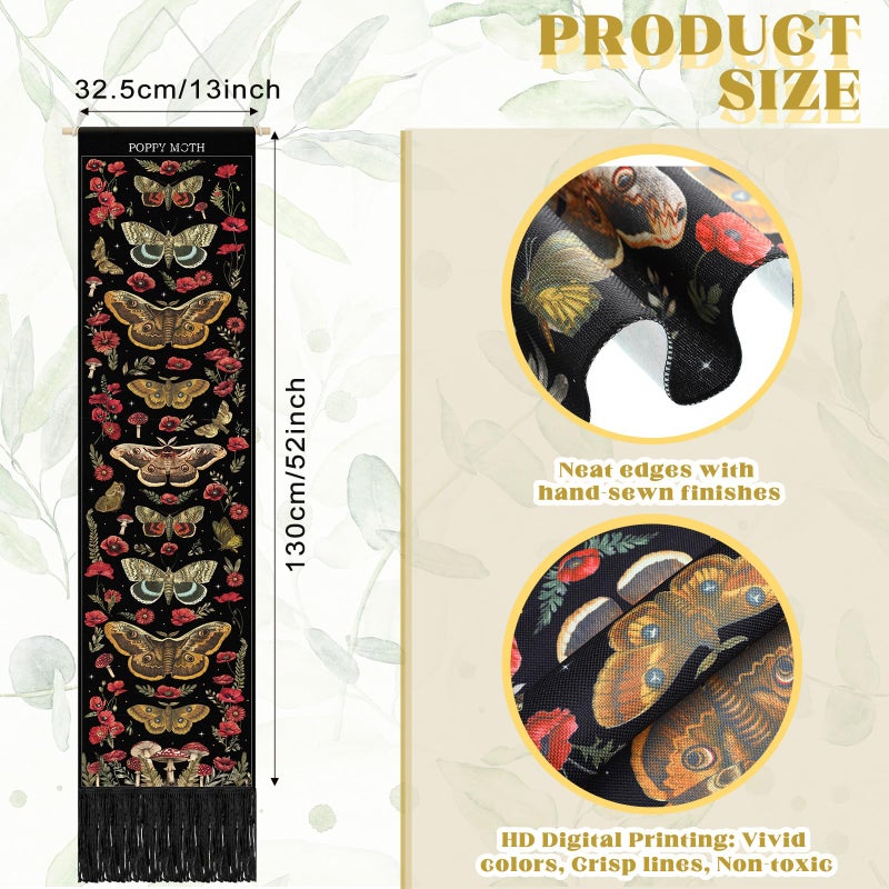 Tegeme Vintage Tapestry 52 x 13 Inch, Long Vertical Wall Hanging Reference Illustrative Botanical Insect Tassel Tapestry for Bedroom Living Room Home Decoration (Poppy Moth) - Image 2