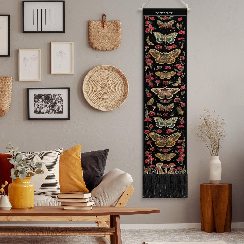 Tegeme Vintage Tapestry 52 x 13 Inch, Long Vertical Wall Hanging Reference Illustrative Botanical Insect Tassel Tapestry for Bedroom Living Room Home Decoration (Poppy Moth) - Image 4