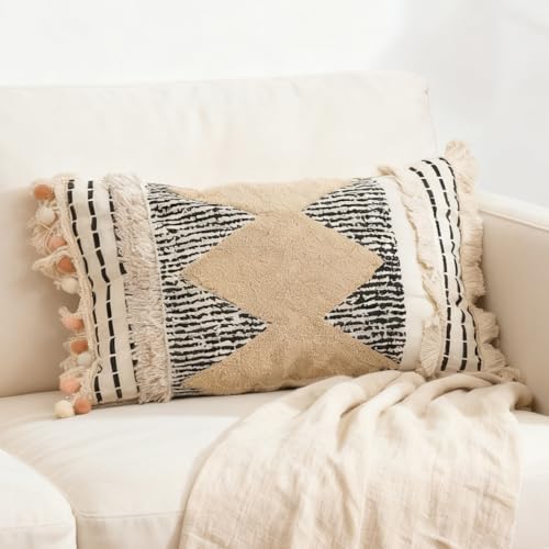 RinRinfam 1Pc Boho Textured Lumbar Pillow Cover 12x 20, Diamond Woven Tufted Farmhouse Neutral Decorative Linen Pillow Cushion Case,Geometric Home Decor for Outdoor Couch Bedroom Car Black and White - Image 1