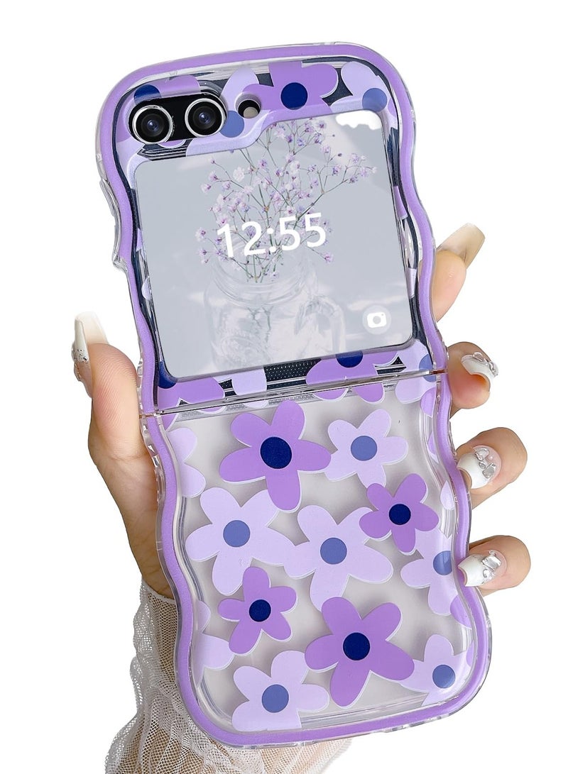 Excefore Designed for Galaxy Z Flip 5 Case, Curly Wave Frame Cute Flower Cover Shockproof Protective Phone Case for Samsung Flip 5 5G, Purple Flower - Image 1