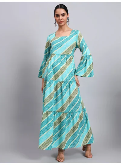 Alaya Women Printed Cotton Jalabiya with Bell Sleeves & Square Neckline-AL4050