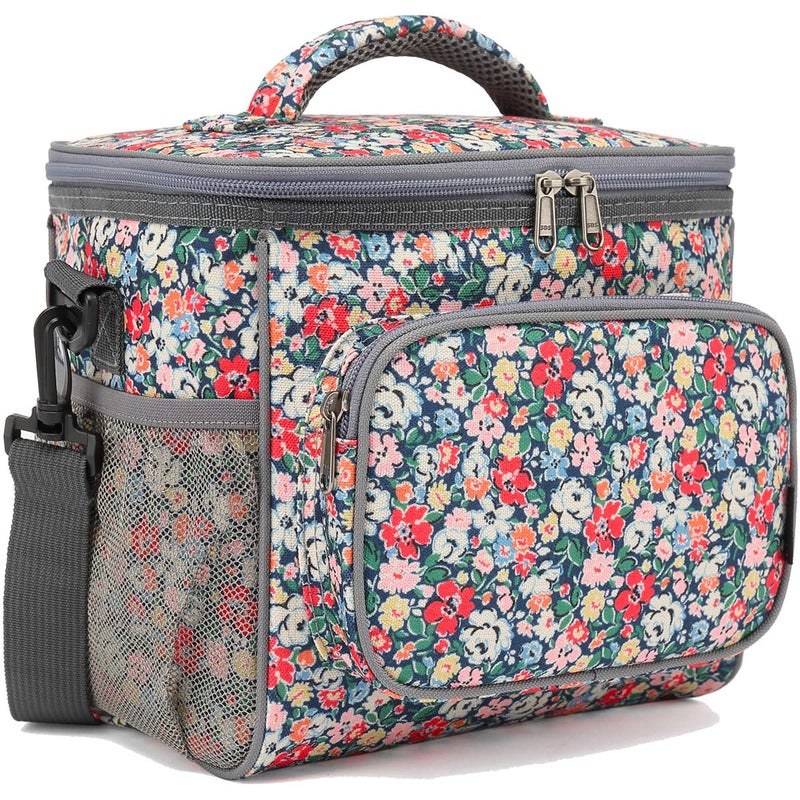 FlowFly Insulated Reusable Lunch Bag Adult Large Lunch Box for Women and Men with Adjustable Shoulder StrapFront Zipper Pocket and Dual Large Mesh Side PocketsFloral