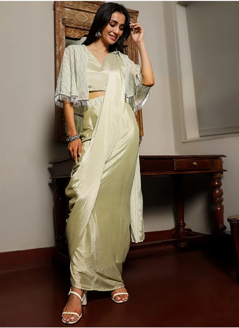 QISSA Women's Sage Green Bijou Cape Pre-Draped Saree