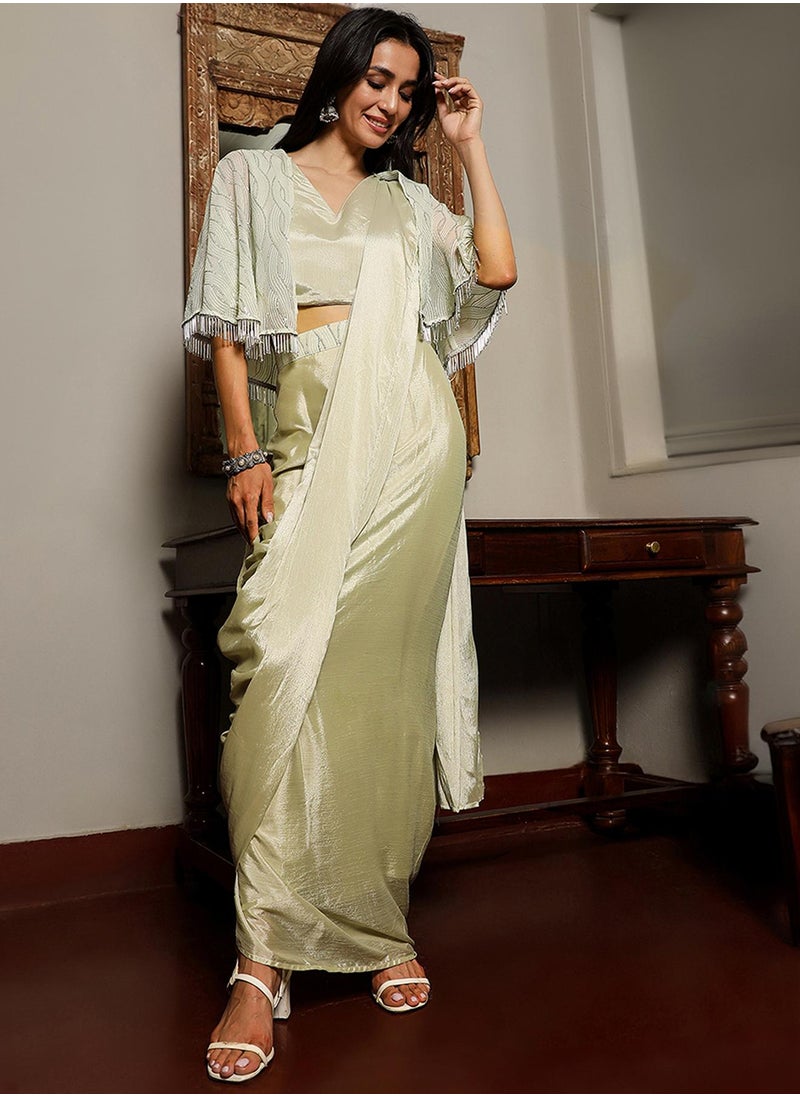  قصة Women's Sage Green Bijou Cape Pre-Draped Saree  - Image 1
