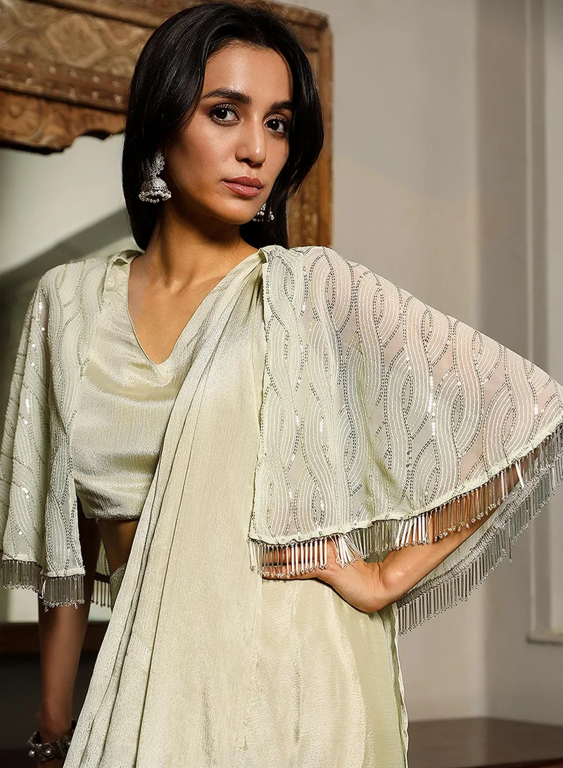 QISSA Women's Sage Green Bijou Cape Pre-Draped Saree
