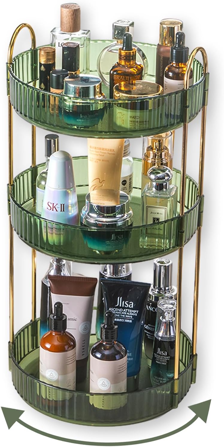 Asayuee 360 Rotating Perfume Organizer,3 Tier Large Capacity Make Up Organizers and Storage,Makeup Organizer for Bathroom,Cosmetic Perfume Stand Organizer (Green-3 Tier) - Image 1