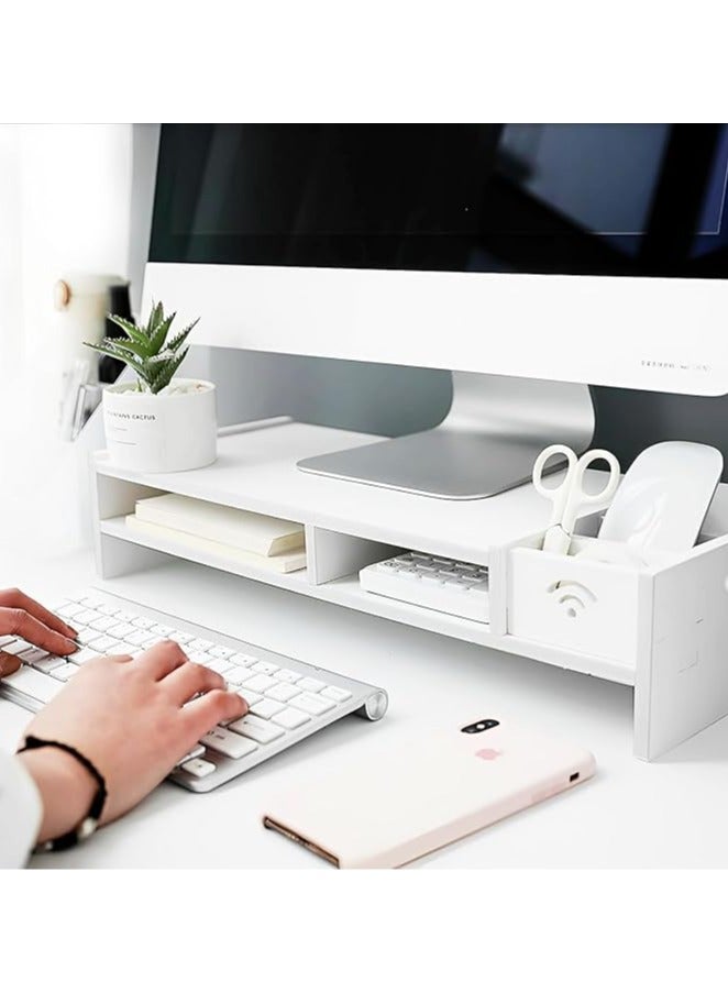 Arabest 2-Tier Computer Monitor Stand Riser,Desktop Wood Stand with Storage WiFi Box and Mobile Phone Holder for Home Office,Desk Riser Desktop Organizer Stand for Computer Laptop Printer  - Image 1