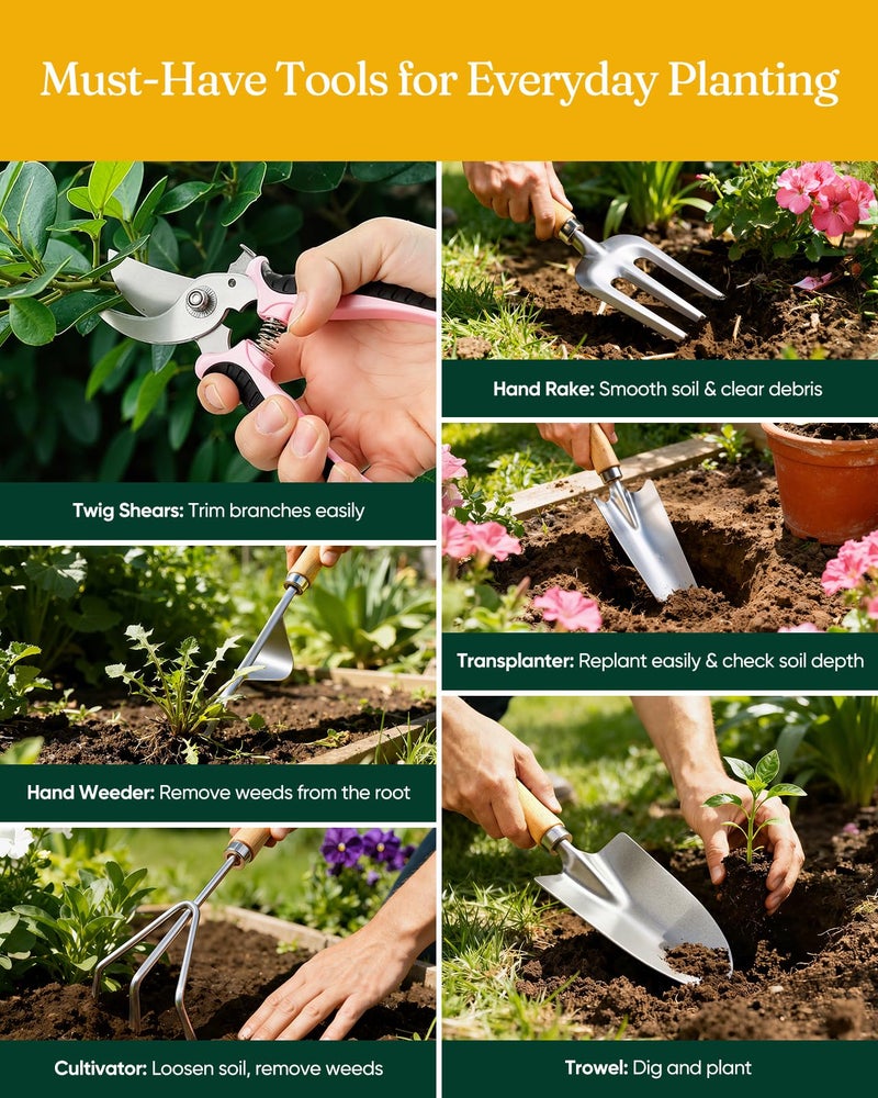 Grenebo 12-Piece Womens Gardening Tools Gift Set, Rust-Proof & Heavy-Duty Garden Tools with Durable Carrying Case, Fashionable & Thoughtful Gardening Gifts for Women&Men (Pink-Silver) - Image 4