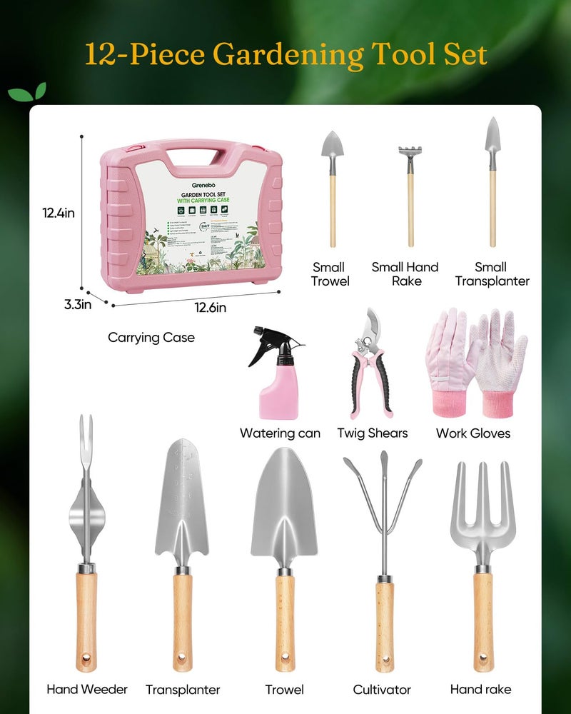Grenebo 12-Piece Womens Gardening Tools Gift Set, Rust-Proof & Heavy-Duty Garden Tools with Durable Carrying Case, Fashionable & Thoughtful Gardening Gifts for Women&Men (Pink-Silver) - Image 2