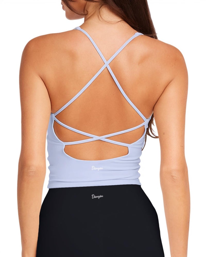 Danysu Sculpt Workout Tank Tops Women Longline Sports Bras Workout Tops for Women Light Support Strappy Padded Yoga Top V Neck Cool Blue S - Image 1