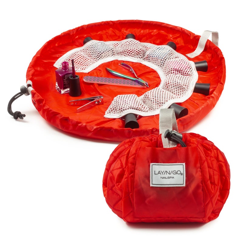 Lay-n-Go NailSpa Drawstring Cosmetic Bag - Portable Nail Supplies Organizer Bag w/ 8 Elastic Mesh Pockets & Circular Center - Durable, Machine Washable Nail Kit Organizer (18", Red) - Image 1