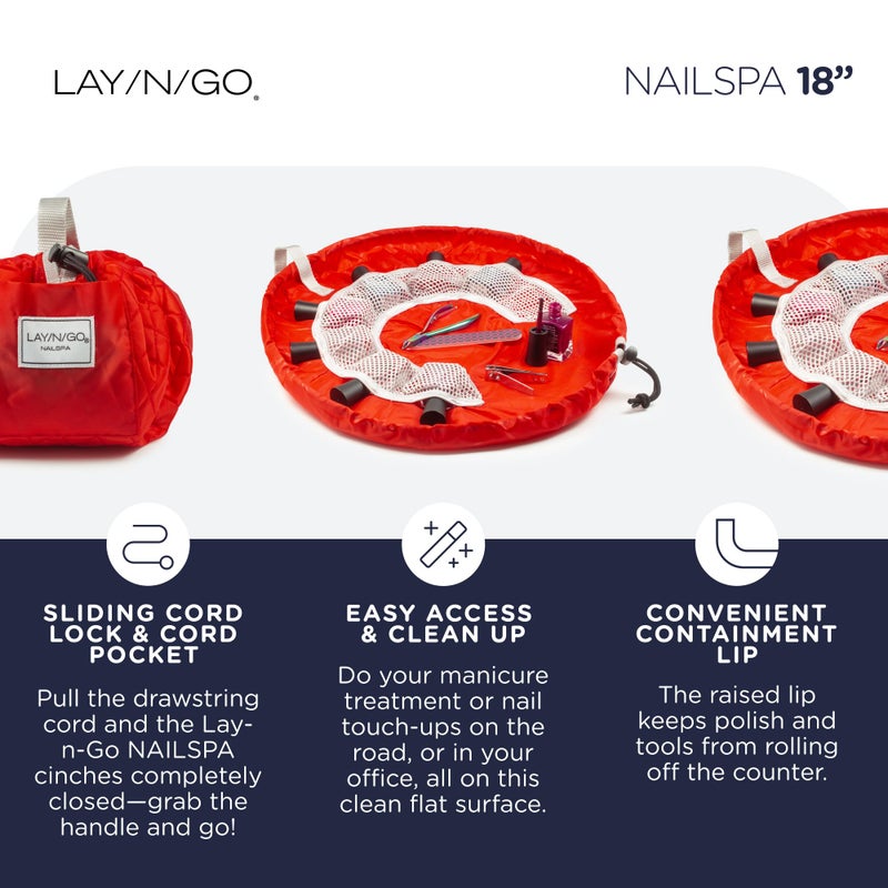 Lay-n-Go NailSpa Drawstring Cosmetic Bag - Portable Nail Supplies Organizer Bag w/ 8 Elastic Mesh Pockets & Circular Center - Durable, Machine Washable Nail Kit Organizer (18", Red) - Image 3
