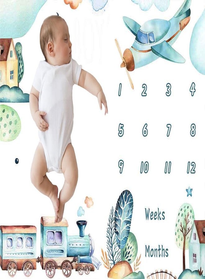 FHZON Airplane and Train Baby Monthly Milestone Blanket for Boy Baby Blanket with Month Marker Frame 48x48in 1-12 Months Milestones for Baby Showers and Newborn BTYHFH043 - Image 5