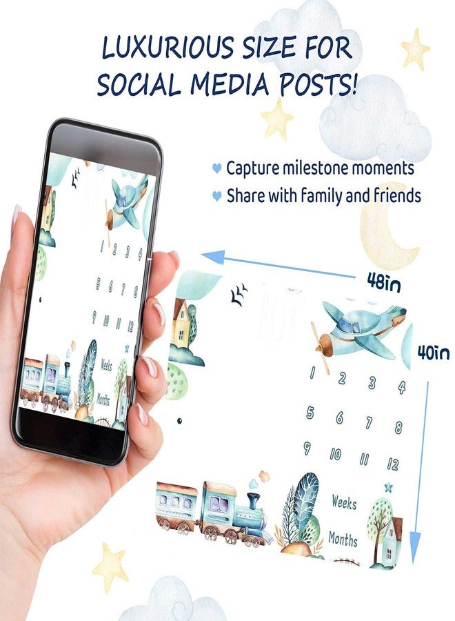 FHZON Airplane and Train Baby Monthly Milestone Blanket for Boy Baby Blanket with Month Marker Frame 48x48in 1-12 Months Milestones for Baby Showers and Newborn BTYHFH043 - Image 3