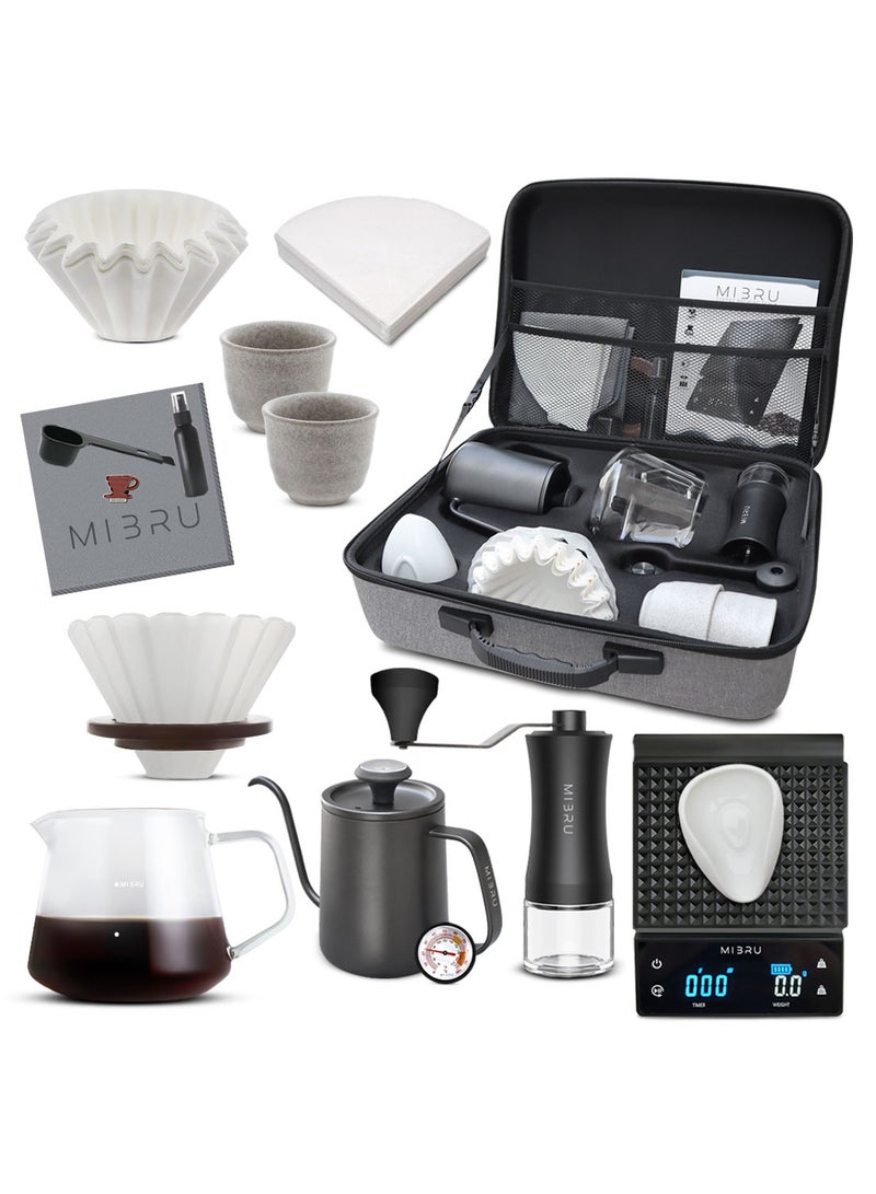MIBRU V60 Pour Over Premium Drip Coffee Maker Kit,14-piece Drip Coffee Maker with a dedicated coffee bag Gray, built-in coffee pot, thermometer, coffee bean weighing tray, electric coffee bean grinder, coffee bean spray bottle, coffee spoon, V60 paper coffee filter, zigzag drip filter, coffee sharing pot, hand-held slim-neck coffee pot, dripper nozzle, specialty coffee kit, specialty coffee tools, coffee machine, coffee mug, coffee cleaning kit, pour-over coffee maker accessories. - Image 1