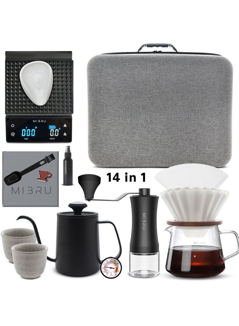 MIBRU V60 Pour Over Premium Drip Coffee Maker Kit,14-piece Drip Coffee Maker with a dedicated coffee bag Gray, built-in coffee pot, thermometer, coffee bean weighing tray, electric coffee bean grinder, coffee bean spray bottle, coffee spoon, V60 paper coffee filter, zigzag drip filter, coffee sharing pot, hand-held slim-neck coffee pot, dripper nozzle, specialty coffee kit, specialty coffee tools, coffee machine, coffee mug, coffee cleaning kit, pour-over coffee maker accessories. - Image 2