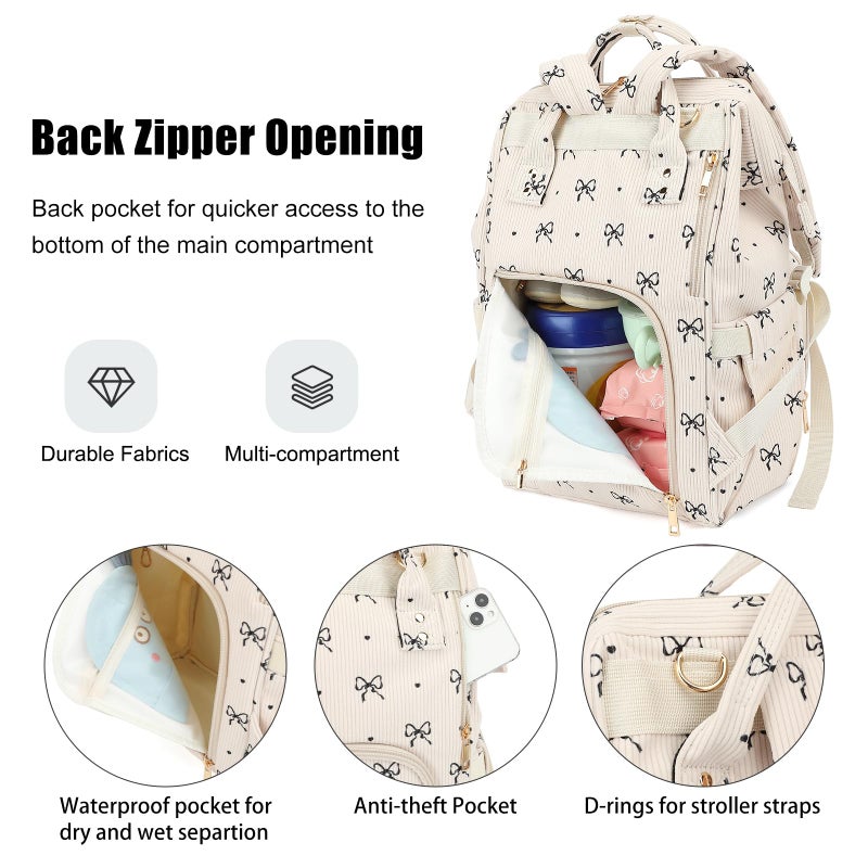 Dezcrab Baby Diaper Bag Backpack for Mom, Large Capacity Travel Nappy Bag for Boys & Girls with Stroller Straps (Corduroy Bow Tie) - Image 4