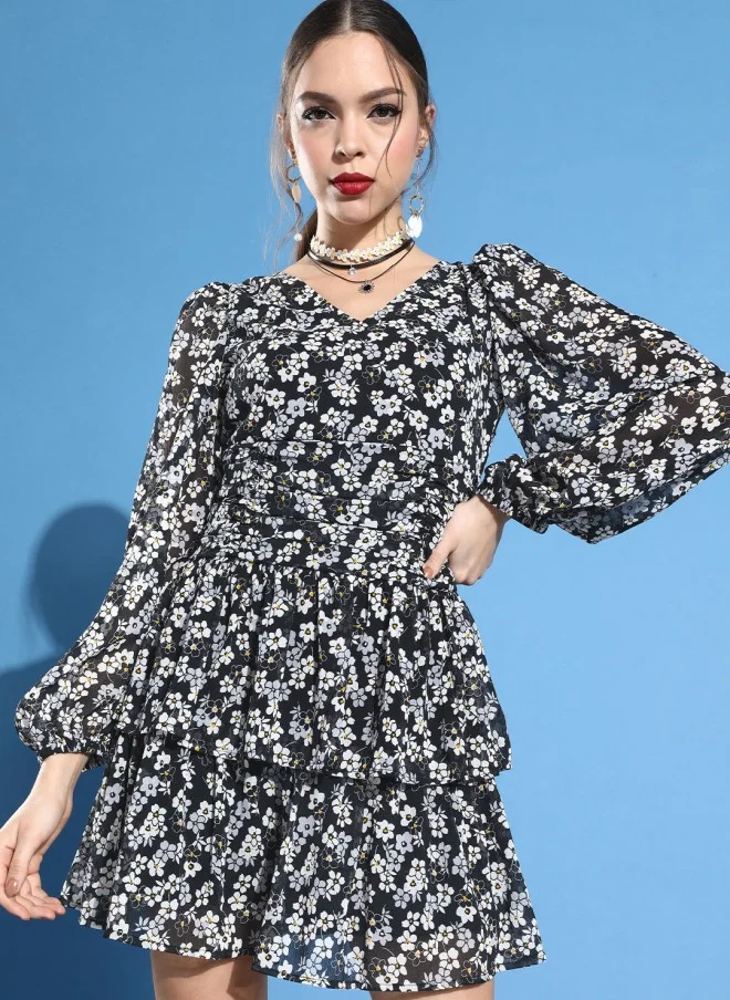 STREET 9 Stylish Black Floral Tiered Dress for Women