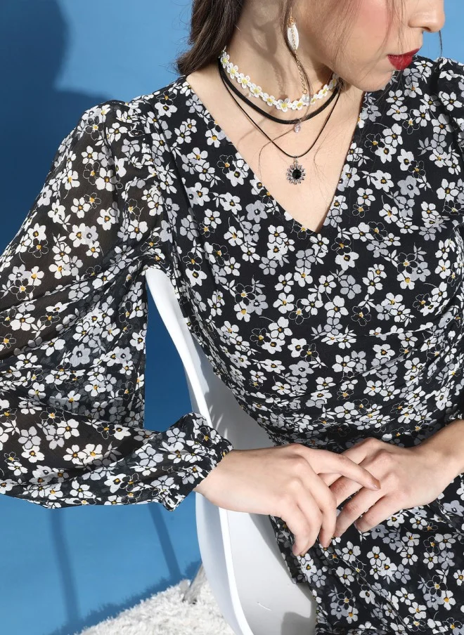 STREET 9 Stylish Black Floral Tiered Dress for Women