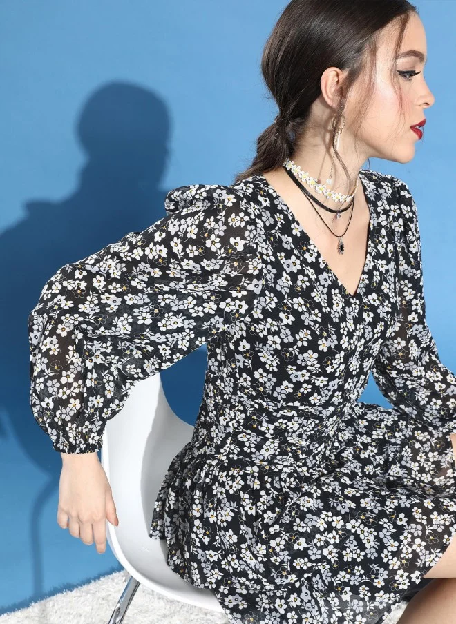 STREET 9 Stylish Black Floral Tiered Dress for Women