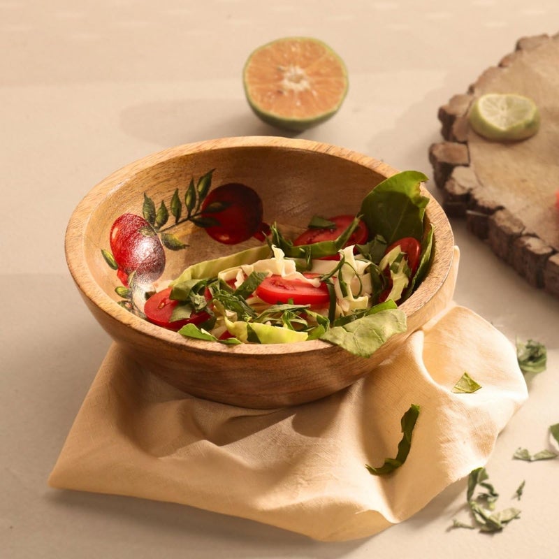 Peepul Tree Hand Painted Mango Wood Salad Bowl | Set of 1 Wooden Serving & Mixing Bowl for Kitchen | Multipurpose Serving Bowl for Breakfast Snacks Soup Serveware for Kitchen (3x8 inches) - Image 4