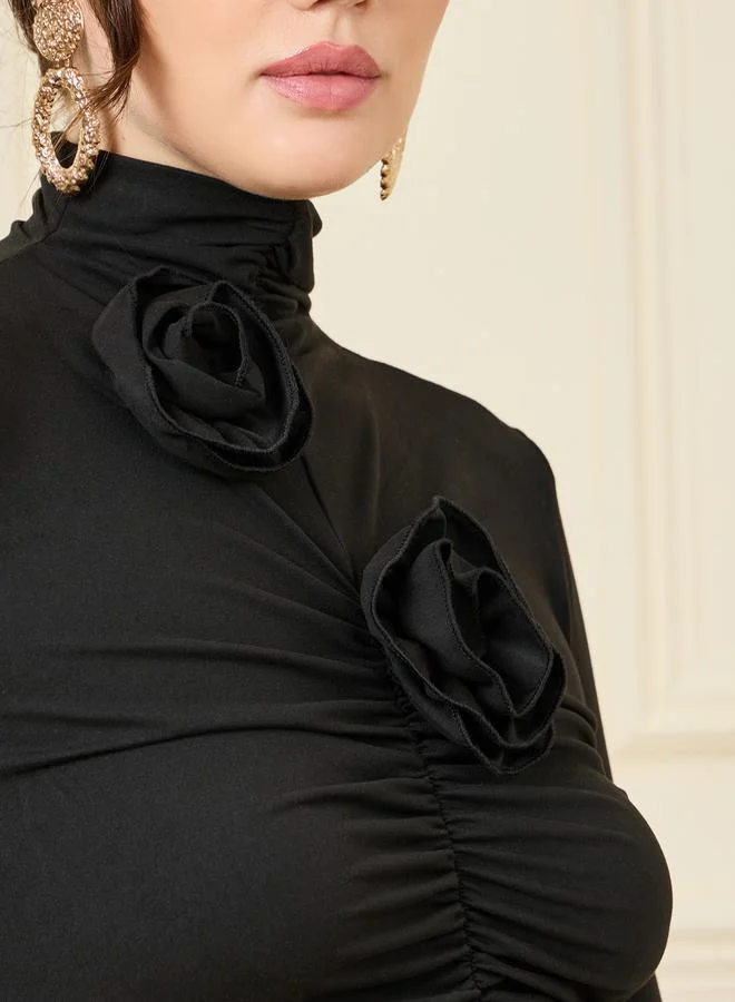 ستايلي Gathered Front Floral Applique Detail Knit Top
